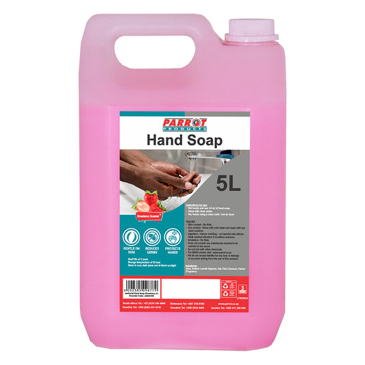Pink hand soap container with a label on a white background