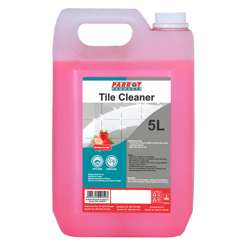 5 liter pink tile cleaner bottle with a white label on a white background