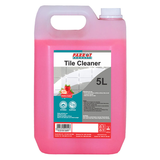 5 liter pink tile cleaner bottle with a white label on a white background