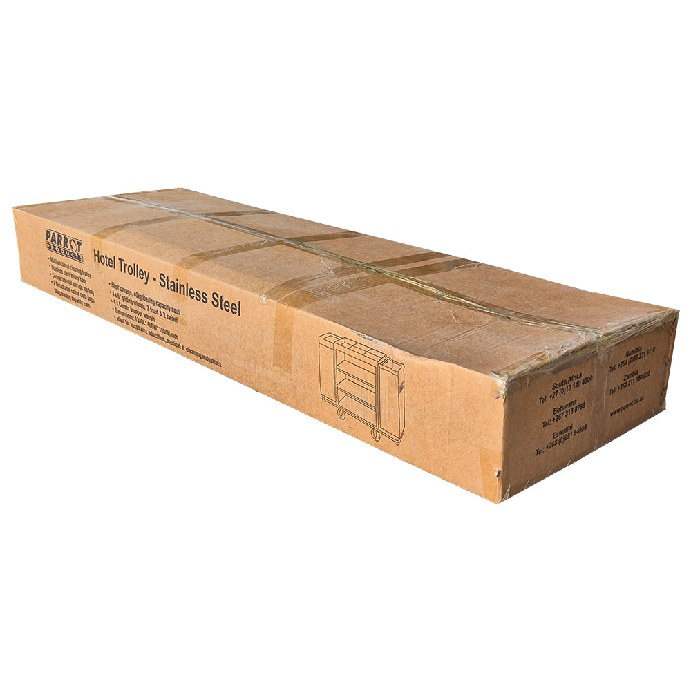 Cardboard box packaging for a stainless steel hotel trolley on a white background