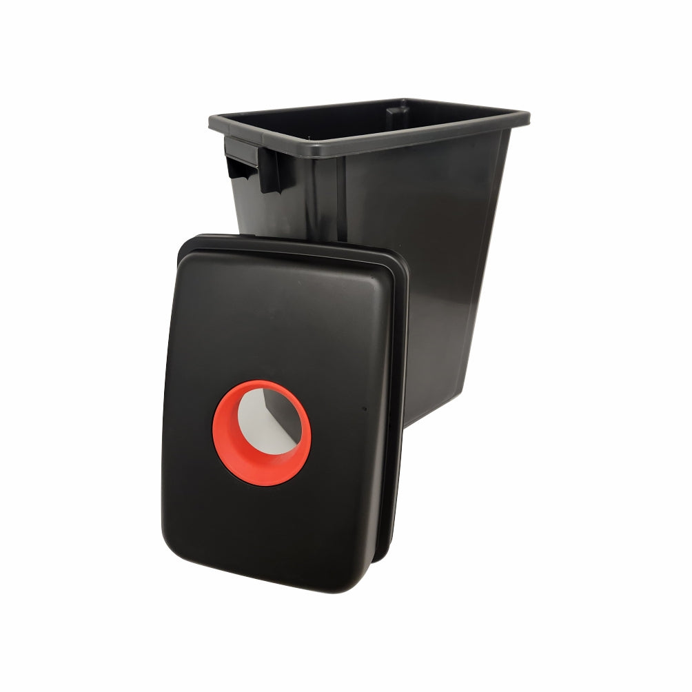 Black recycling bin with a red lid on a white background