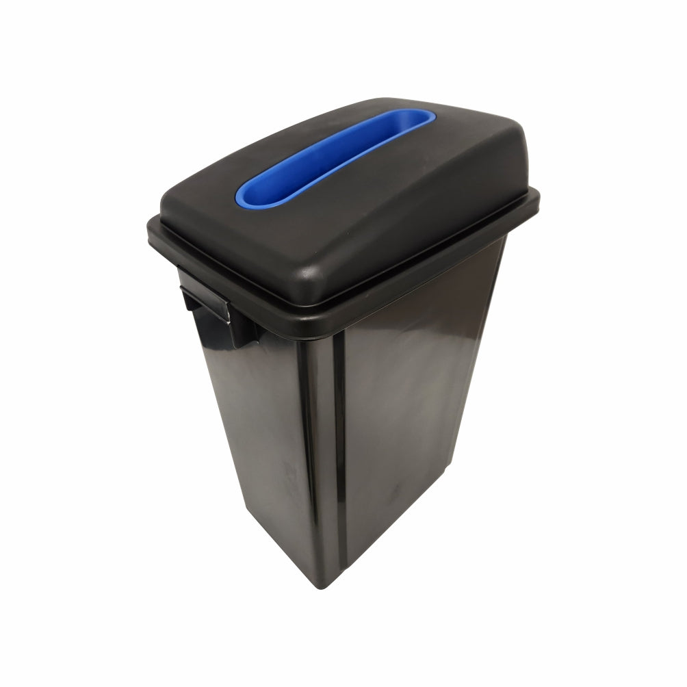 Black recycling bin with a blue interior on a white background