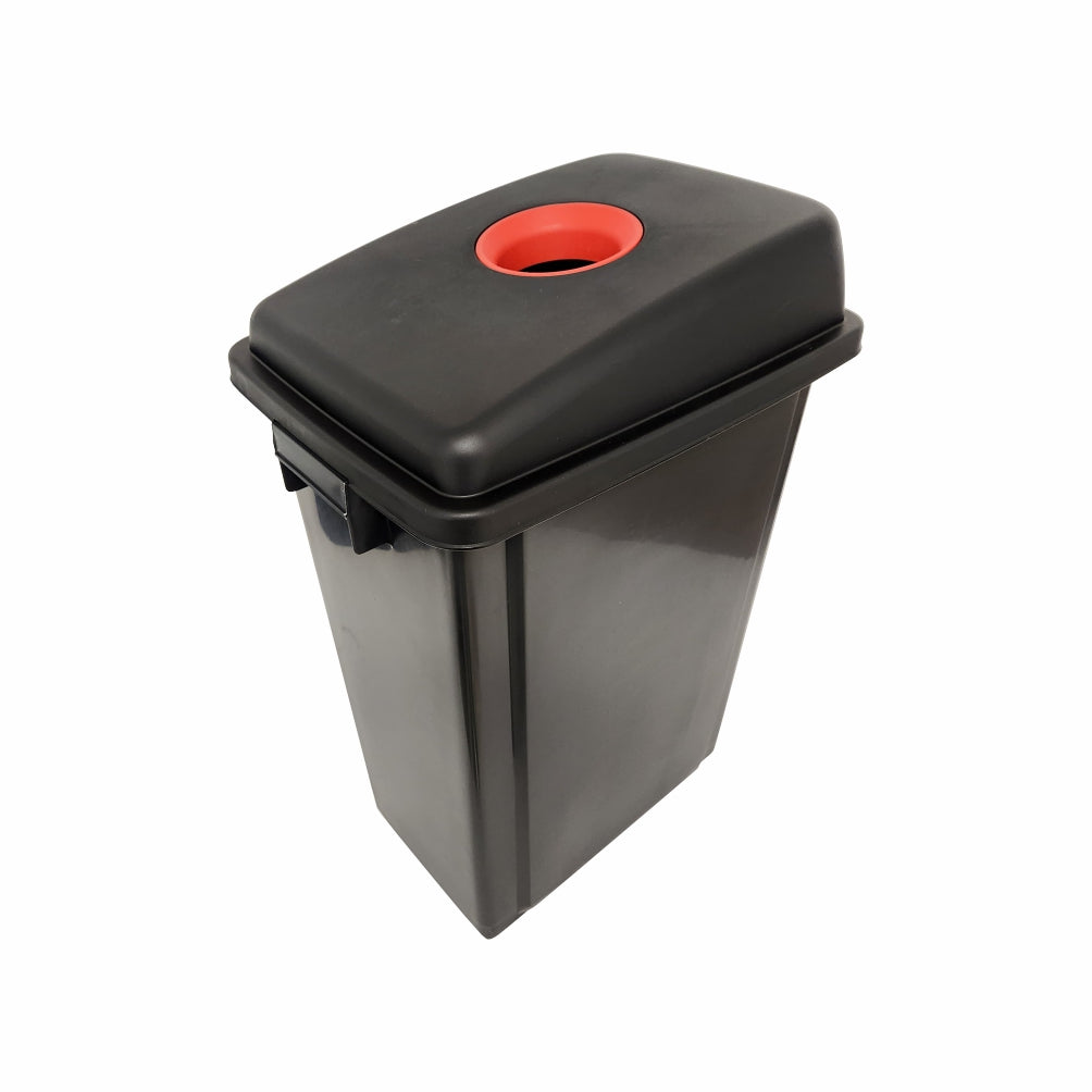 Black recycling bin with a red interior on a white background