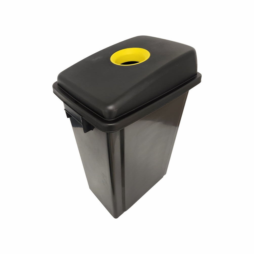 Black recycling bin with a yellow lid on a white background