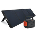 A portable power station with an orange and black color scheme, alongside a foldable black solar panel.