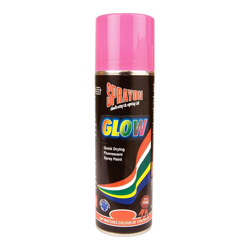Spray can of Sprayon Glow spray paint with pink top on a white background