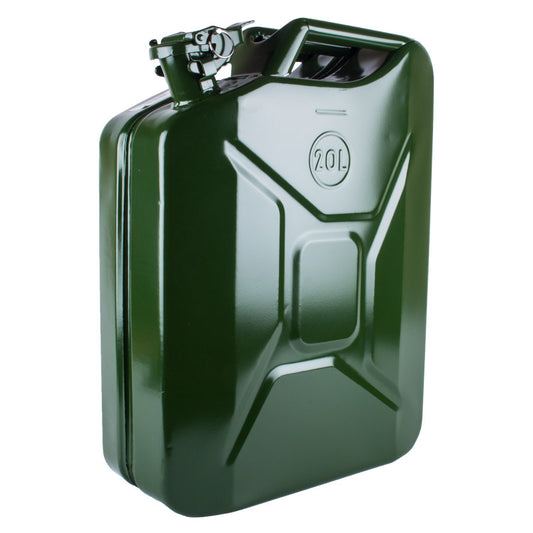 A green metal petrol jerry can with a flip over tight sealing lid and an extension spout.