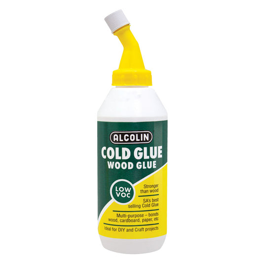 Alcolin cold glue bottle with yellow nozzle on a white background
