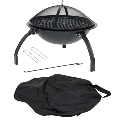 Black portable firepit and grill with accessories on a white background