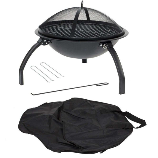 Black portable firepit and grill with accessories on a white background