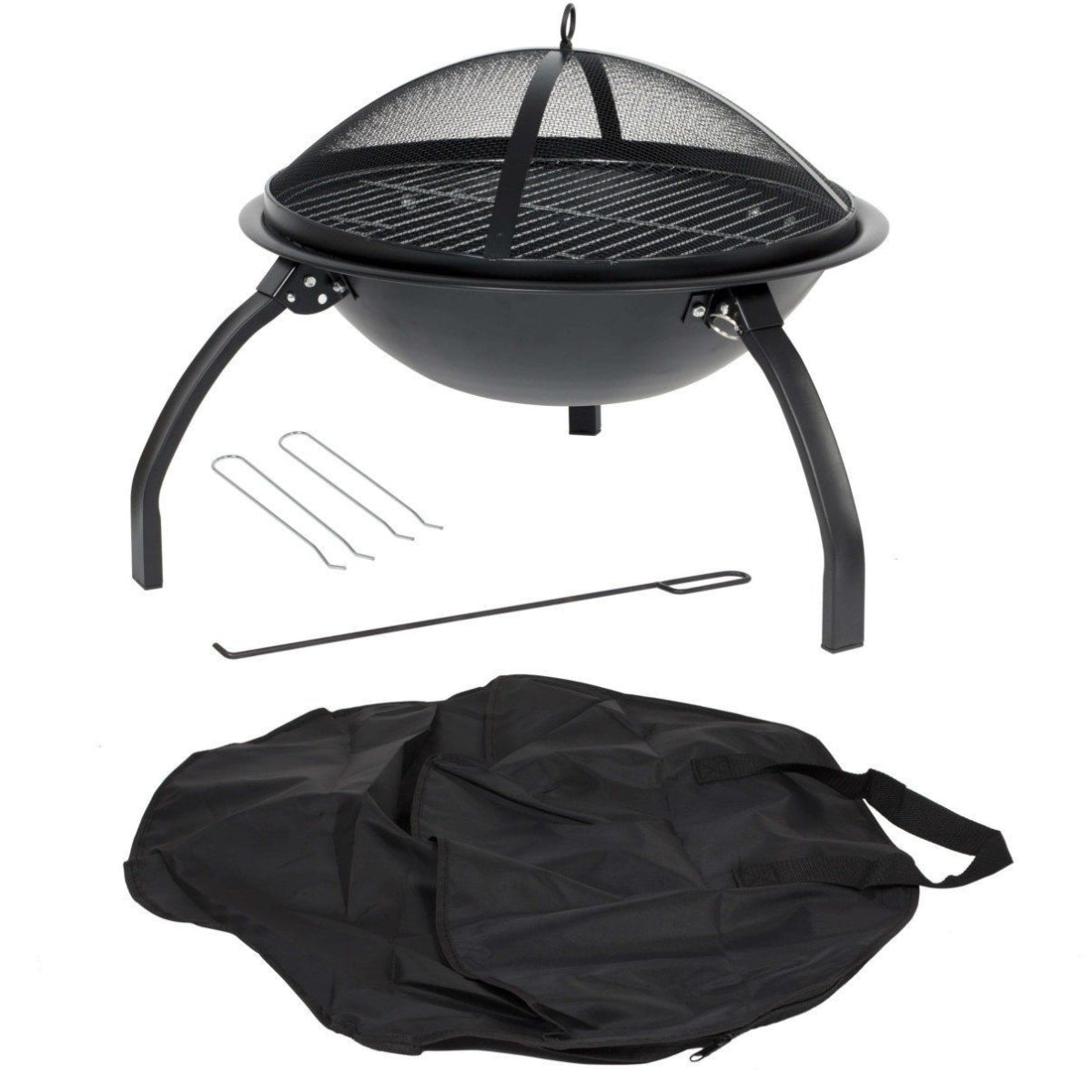 Black portable firepit and grill with accessories on a white background
