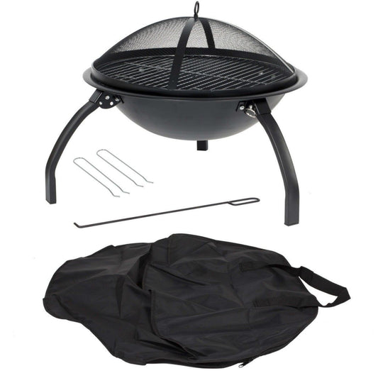 Black portable firepit and grill with accessories on a white background