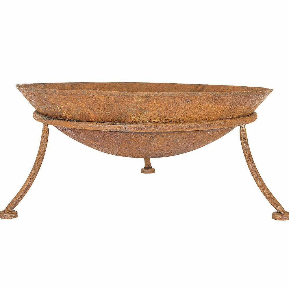 Rust-colored metal fire pit with decorative legs on a white background