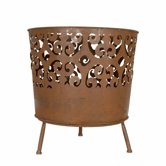La Hacienda Cesta Oxidised Steel Fire Basket with intricate cut-out design on a white background