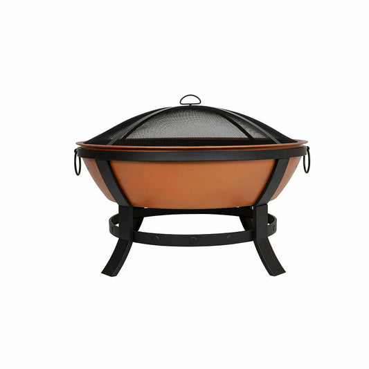Copper fire pit with black metal stand on a white background