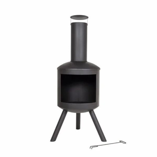 Black metal chiminea with tripod base on a white background