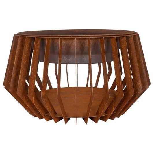 Rust-colored metal firepit with a geometric design on a white background