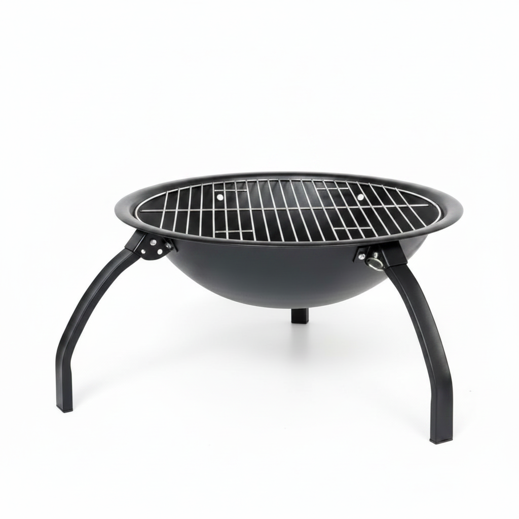 Black metal fire pit with grill grate on a white background