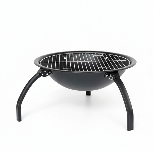 Black metal fire pit with grill grate on a white background