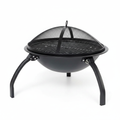 Black outdoor fire pit with mesh cover on a white background