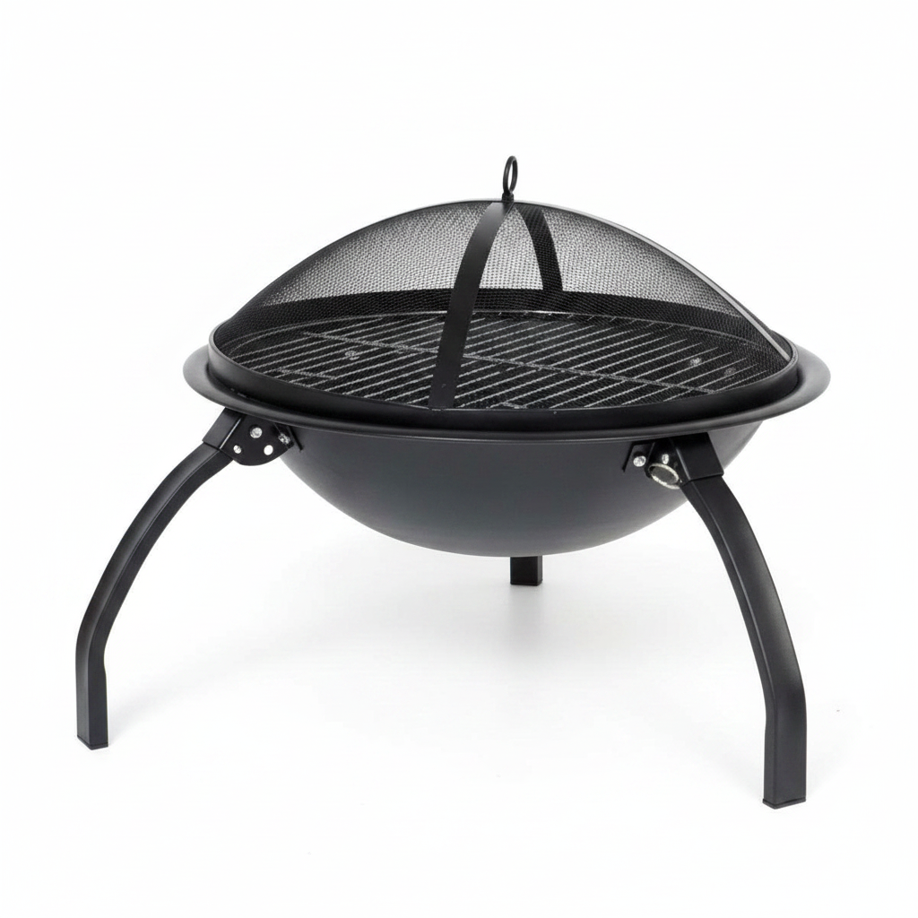 Black outdoor fire pit with mesh cover on a white background