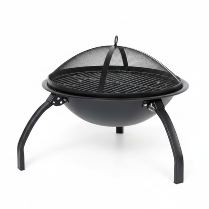 Black outdoor fire pit with mesh cover on a white background