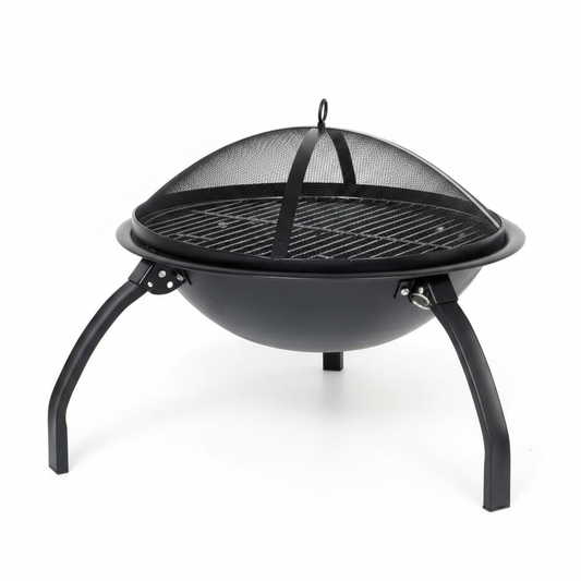 Black outdoor fire pit with mesh cover on a white background