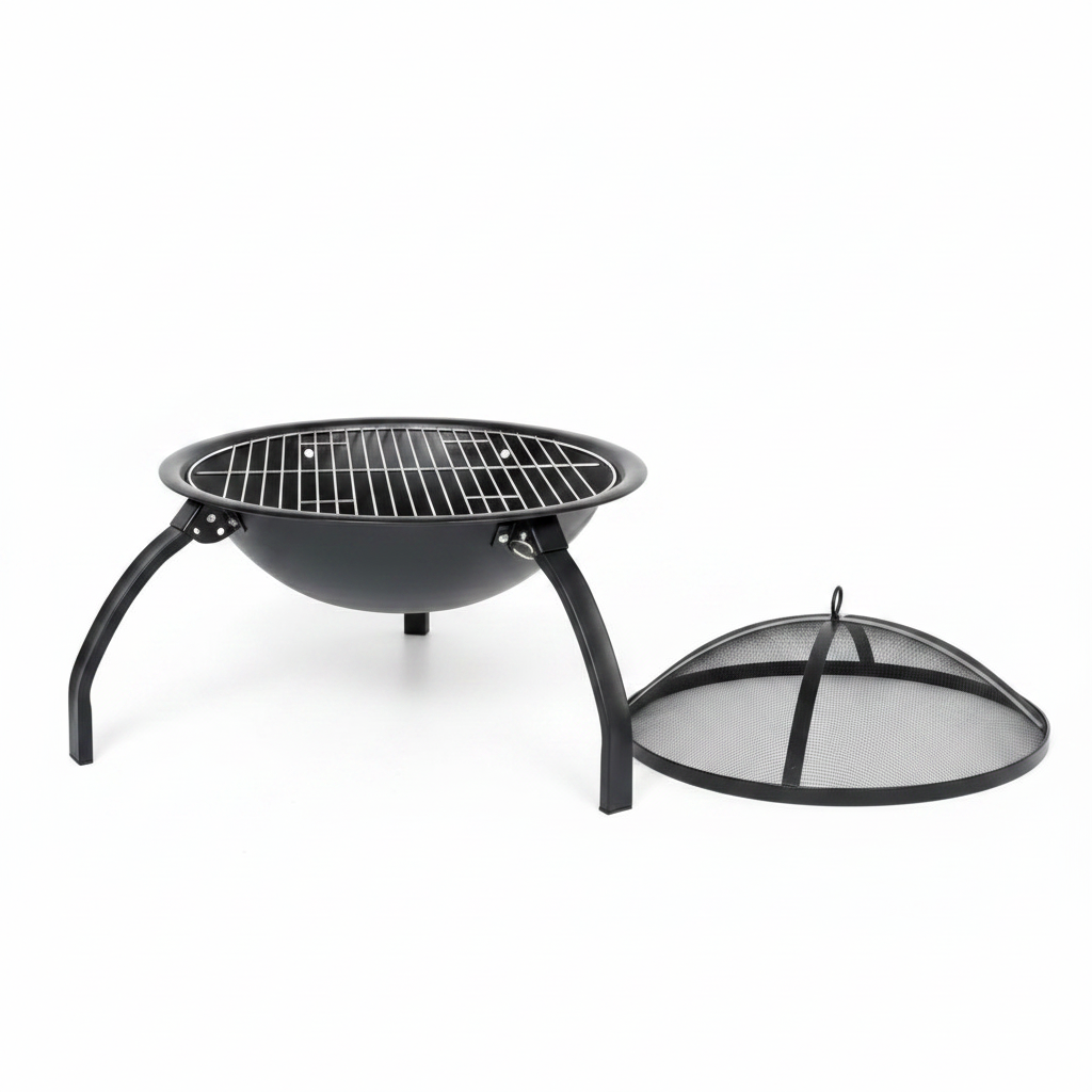 Black metal fire pit with grill grate and lid on a white background