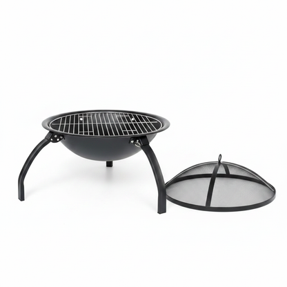 Black metal fire pit with grill grate and lid on a white background