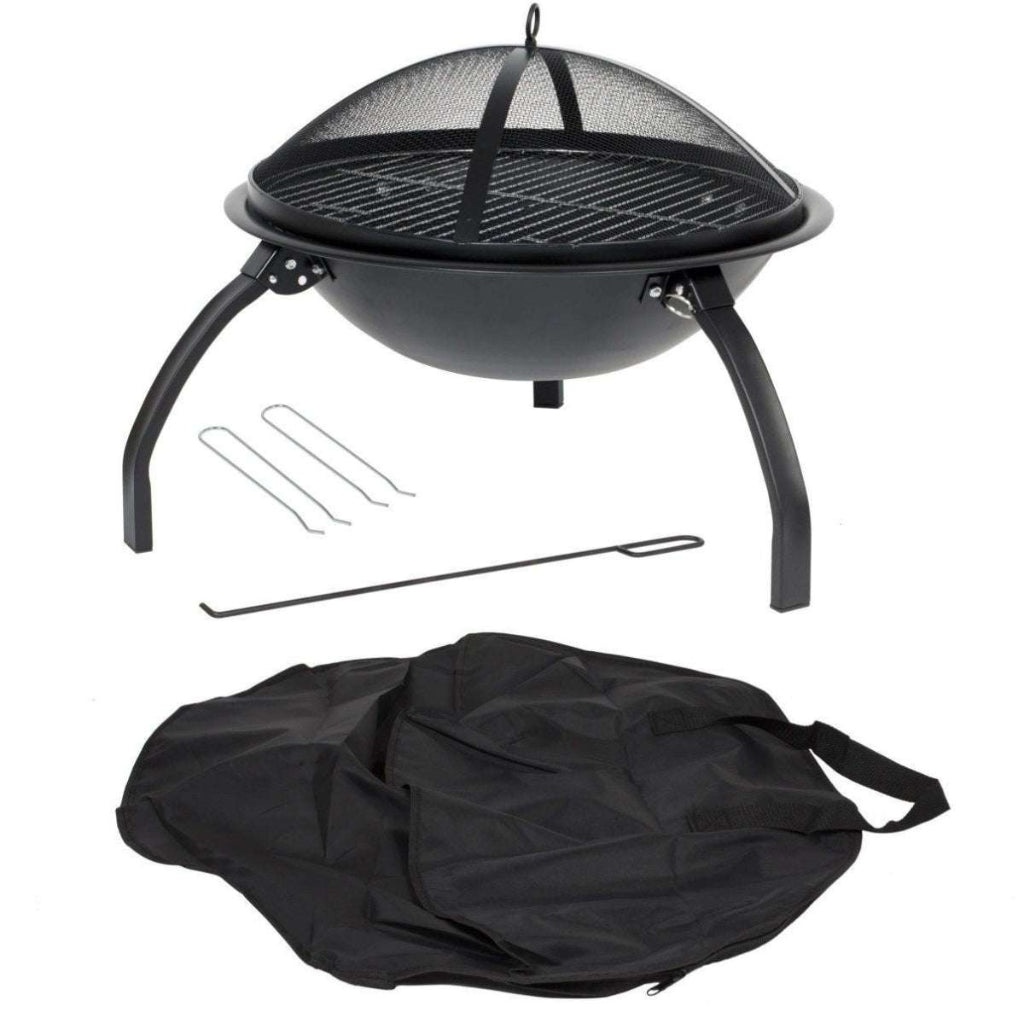 Black portable firepit and grill with accessories on a white background