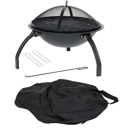 Black portable firepit and grill with accessories on a white background