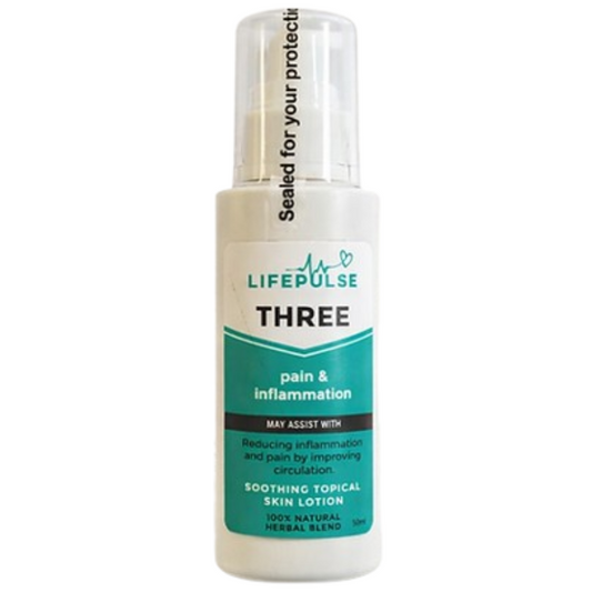 Lifepulse Three topical skin lotion bottle on a white background