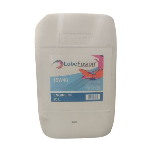 A 20L drum of LubeFusion 15W40 Engine Oil with blue cap and label featuring the brand logo and product information.