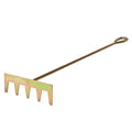 A bronze-colored metal braai rake with a long handle and a triangular rake head.