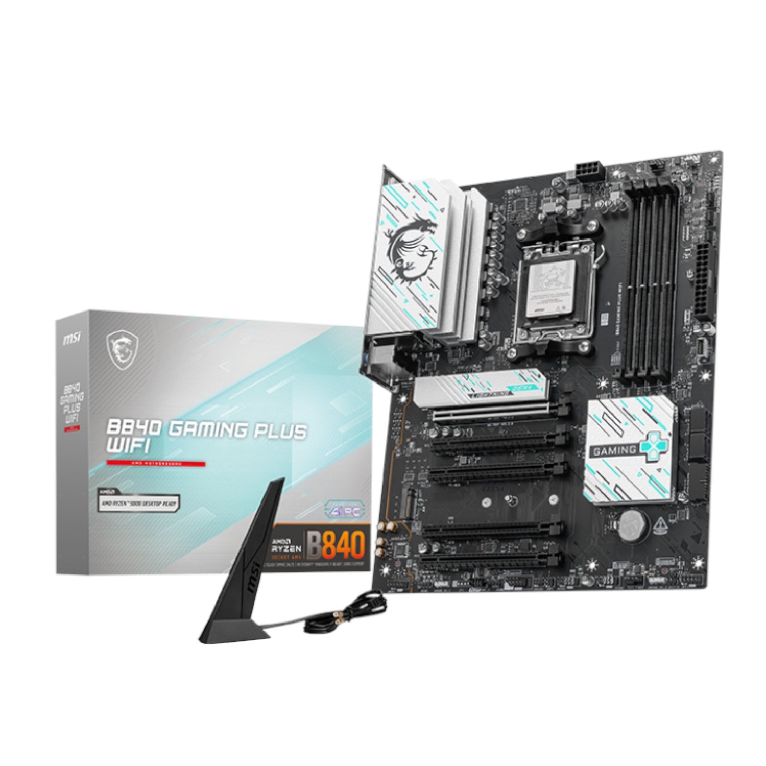 MSI B840 GAMING PLUS WIFI ATX Gaming Motherboard with packaging and accessories, including antenna and clips for installation.