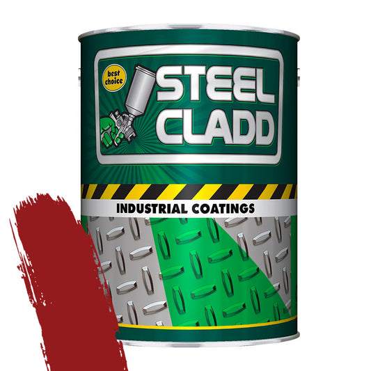 Can of Steel Cladd industrial coatings with green and gray design on a white background
