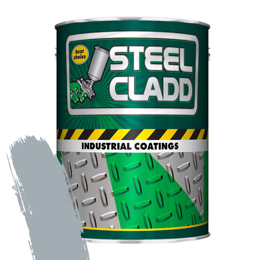 Can of Steel Cladd industrial coatings with green and gray design on a white background