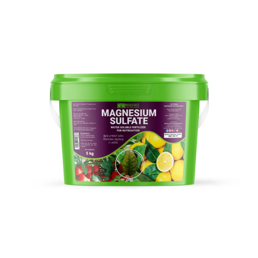 Bucket of magnesium sulfate fertilizer with green lid and purple label on a white background