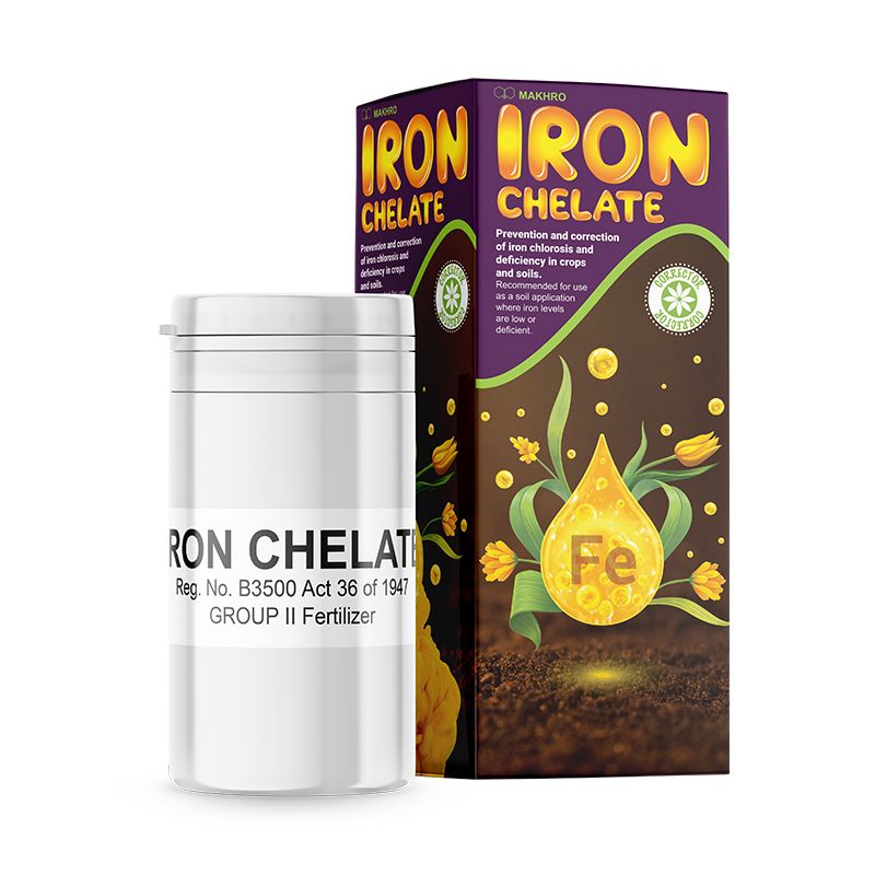 IRON CHELATE fertilizer container and packaging on a white background