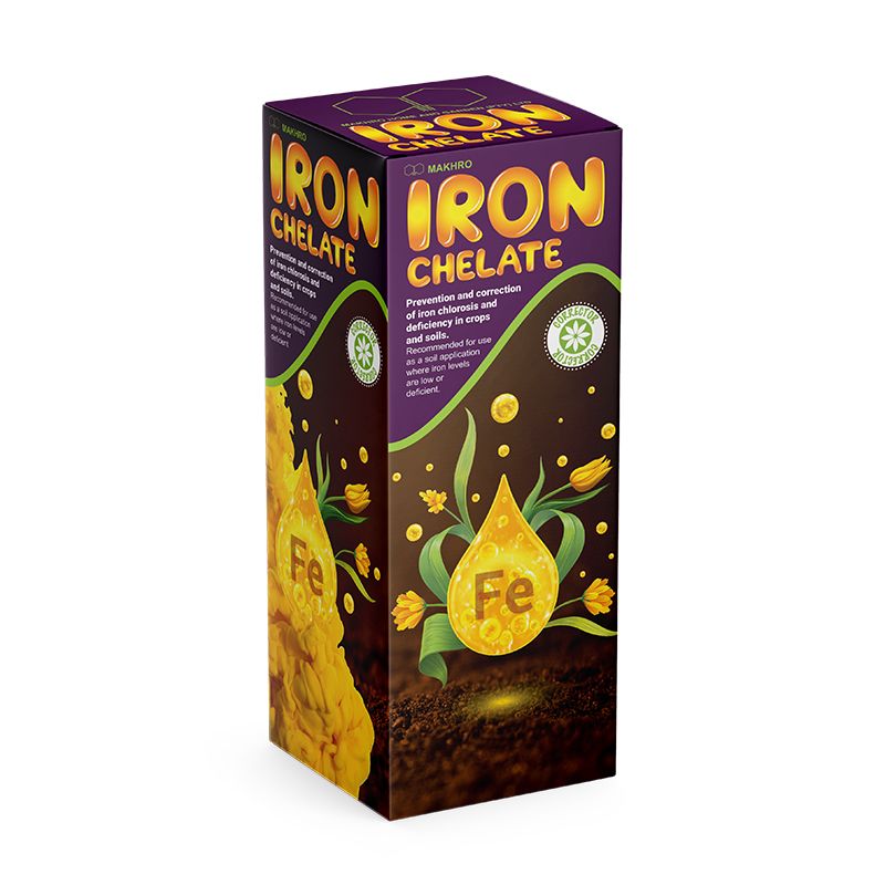 Box of Iron Chelate with purple and yellow design on a white background