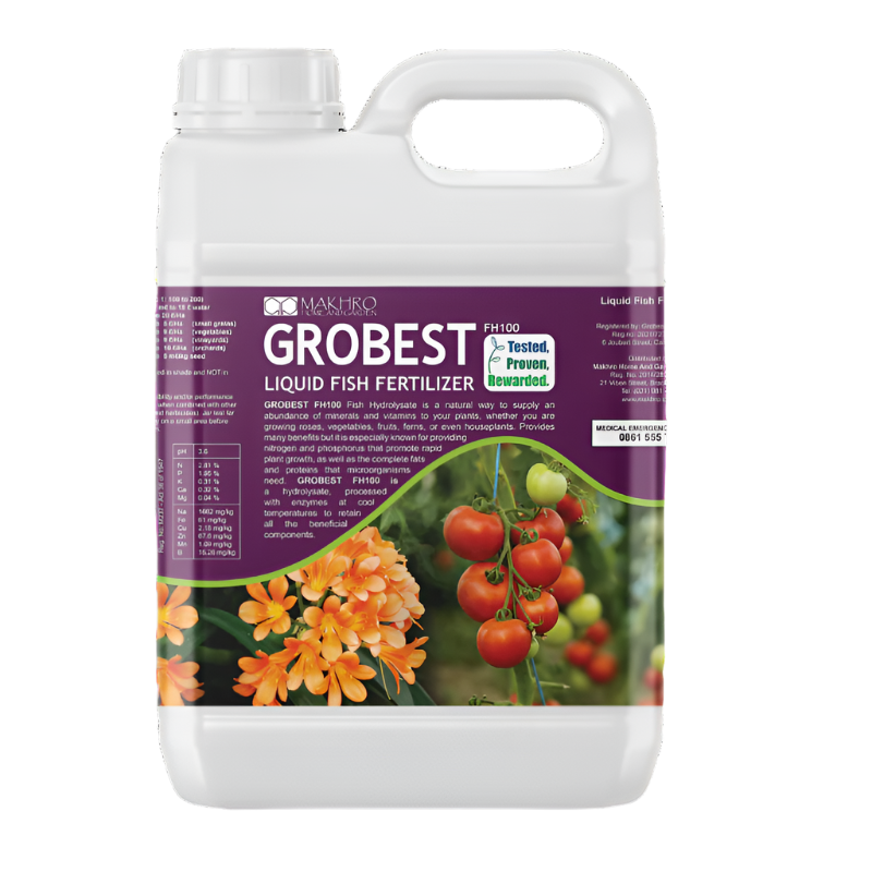 Grobest liquid fish fertilizer bottle with a colorful label featuring tomatoes and flowers on a white background.