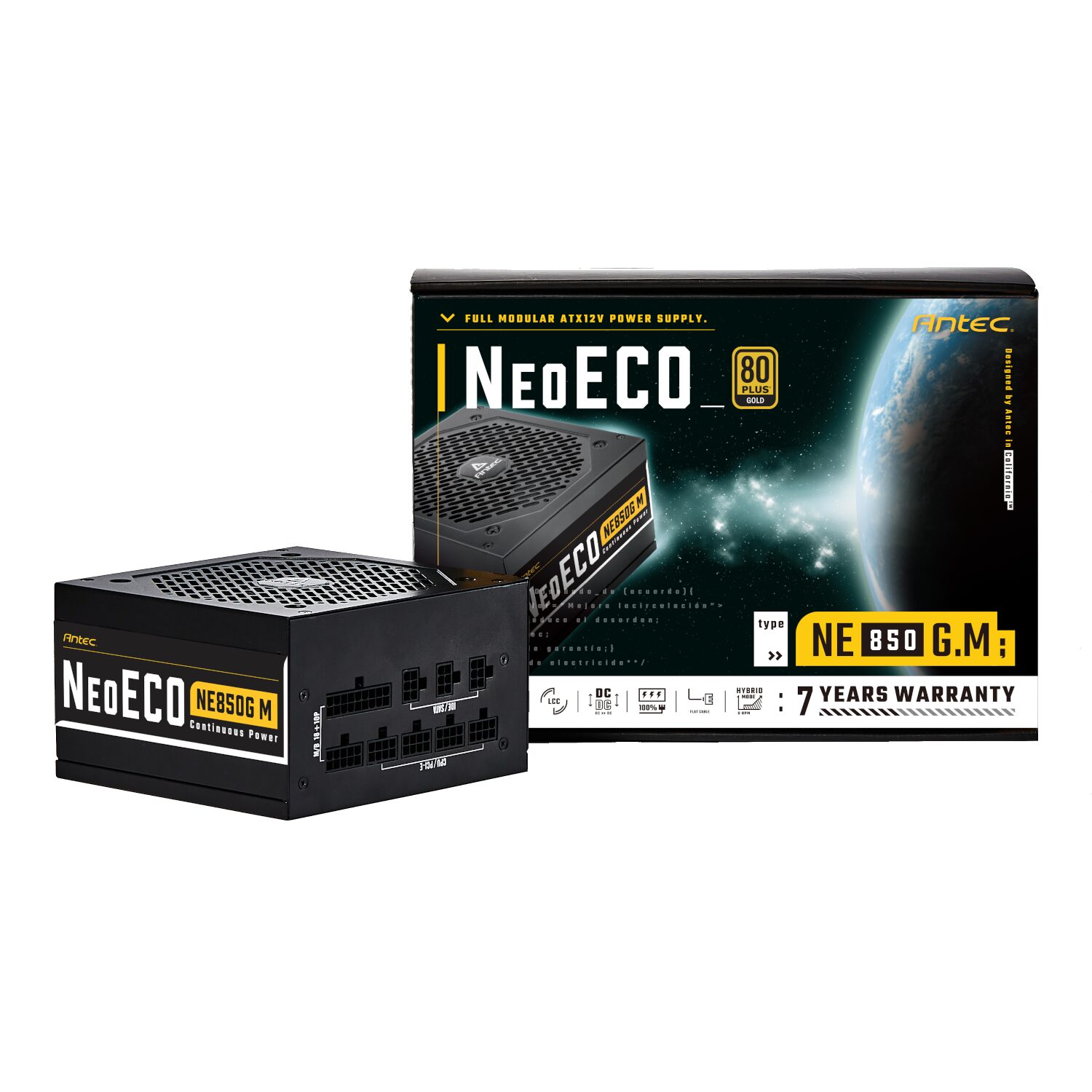 Antec NeoECO power supply unit and packaging on a white background