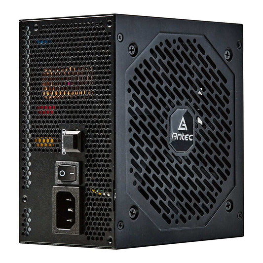Black power supply unit with Antec logo on a white background
