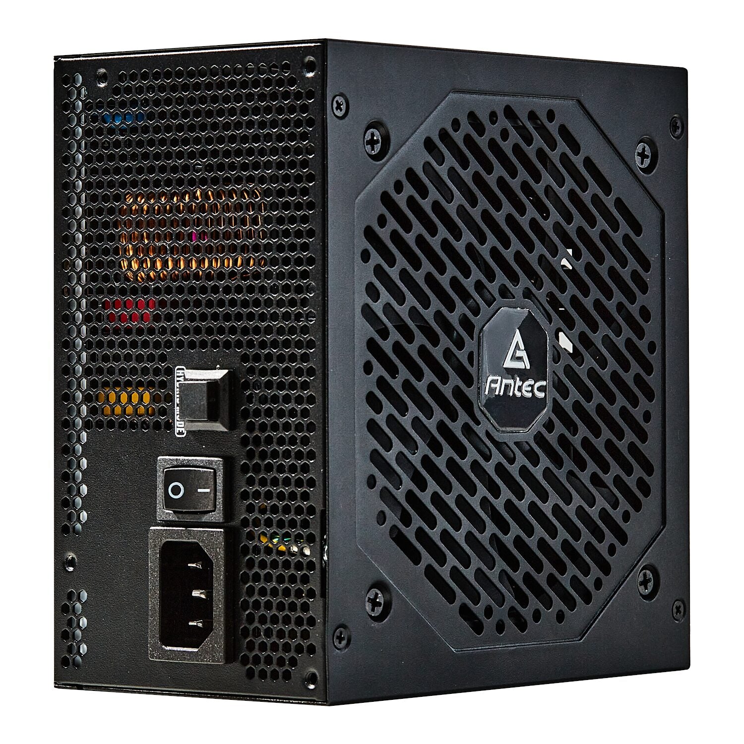 Black power supply unit with Antec logo on a white background