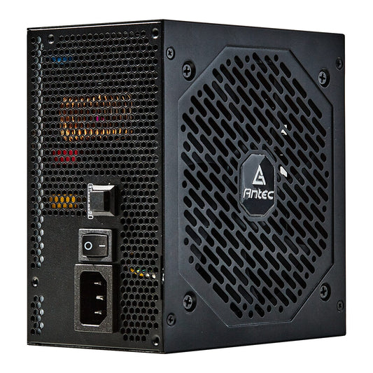 Black power supply unit with Antec logo on a white background