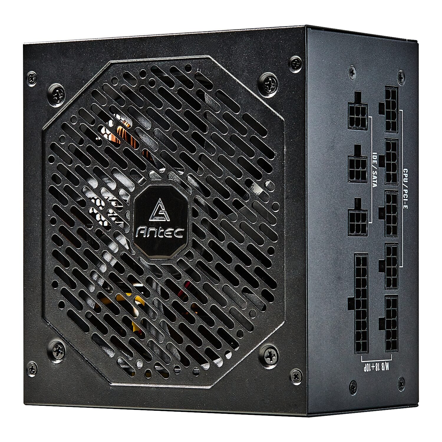 Black power supply unit with Antec logo on a white background