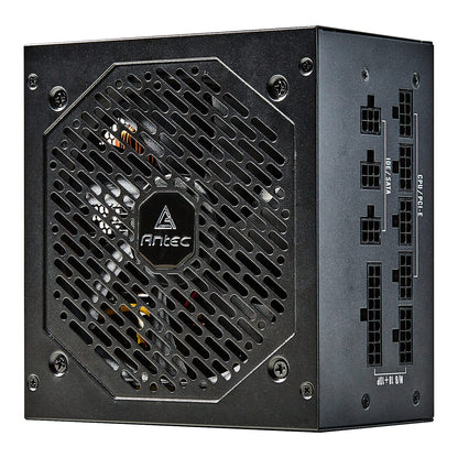 Black power supply unit with Antec logo on a white background