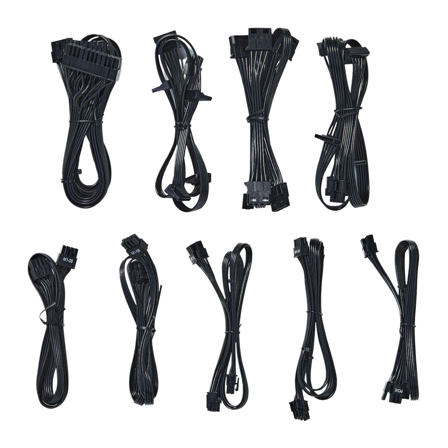 Set of black computer cables on a white background
