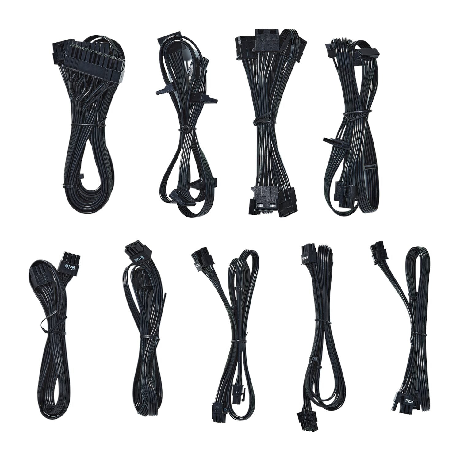 Set of black computer cables on a white background