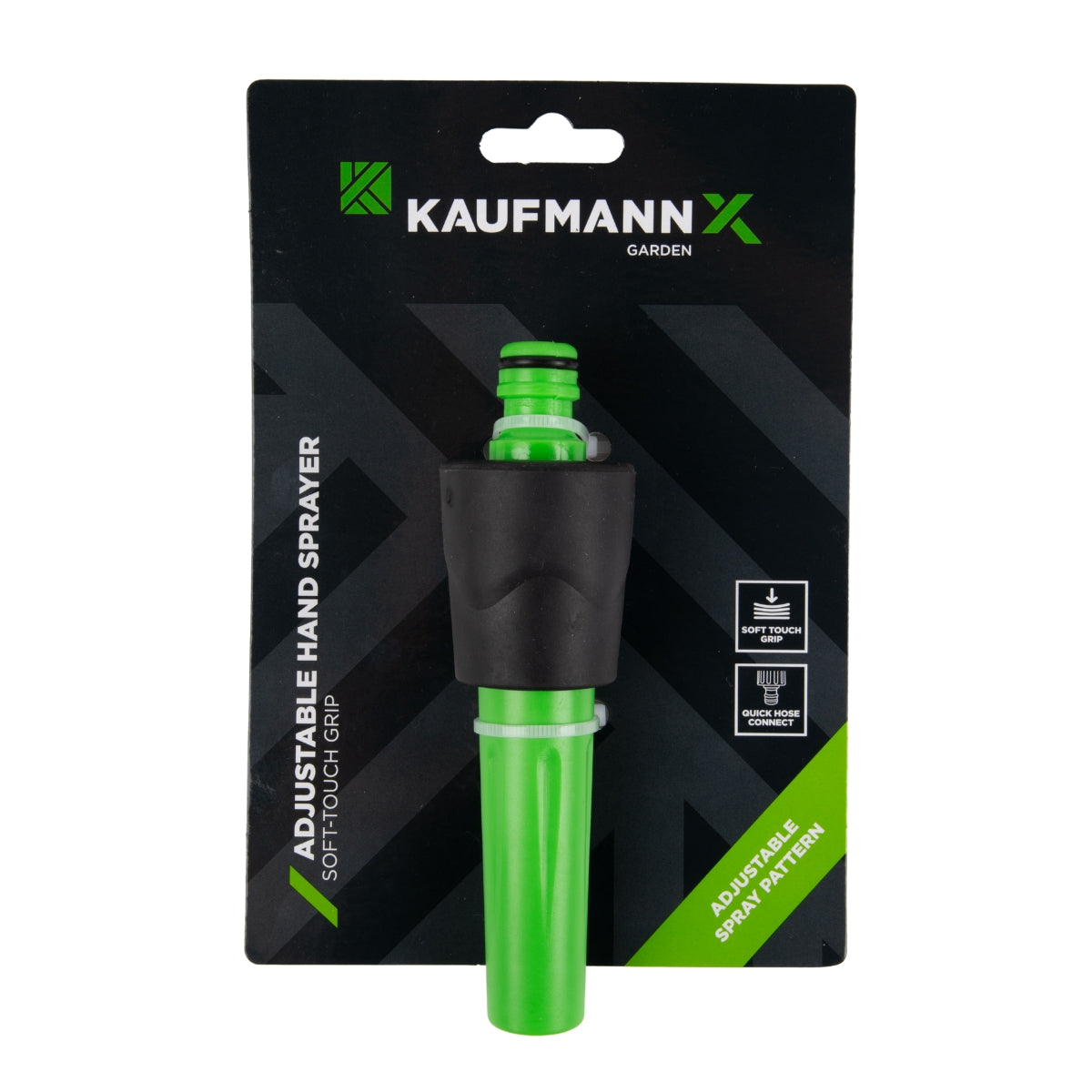 Kaufmann X Garden Soft-Touch Adjustable Hand Sprayer in green color, packaged on a black and green card with product information.